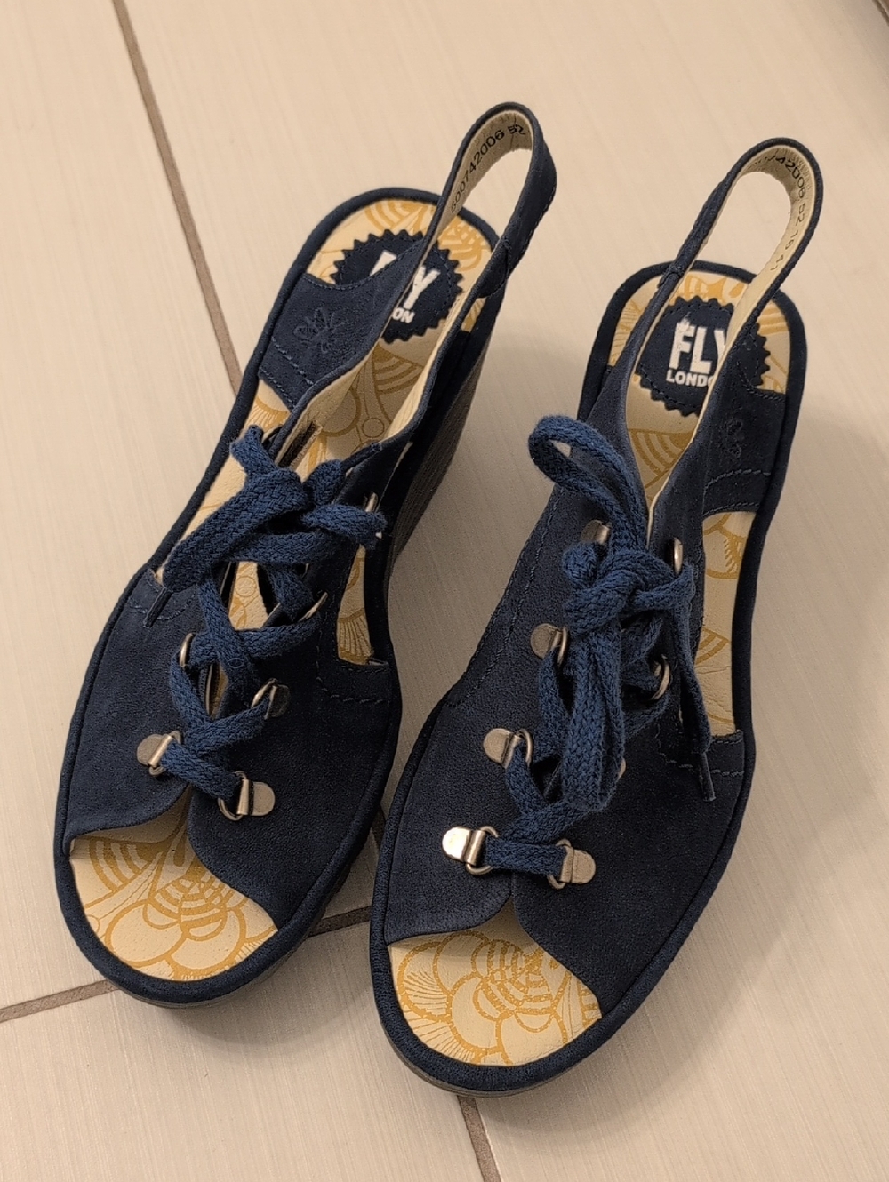 Fly London Ylfa Navy Suede Lace-Up Slingback Wedge Platform Sandals Size 41